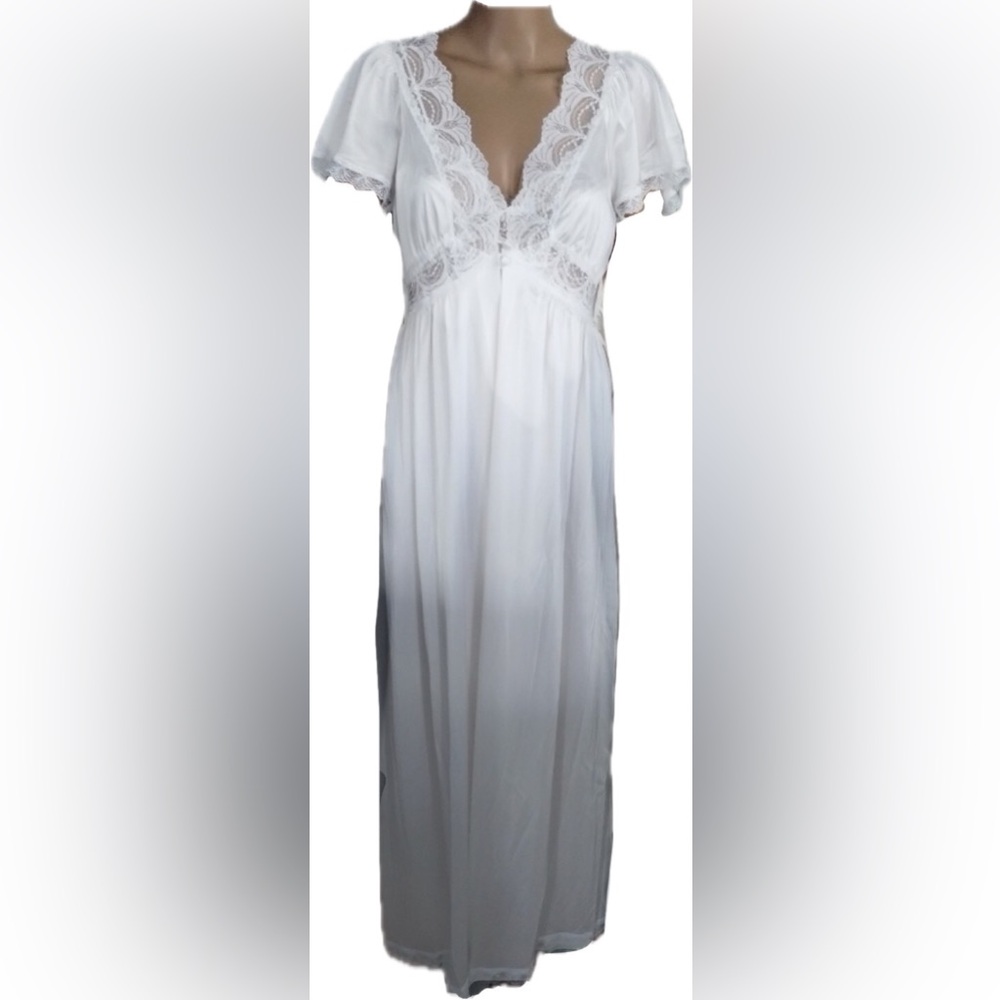 Miss Elaine Bridal White Lace Trim Chemise with Robe / 2pc Set - Picture 2 of 10